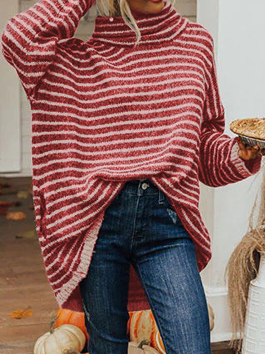 Striped Turtleneck Pullover Sweater with Pockets