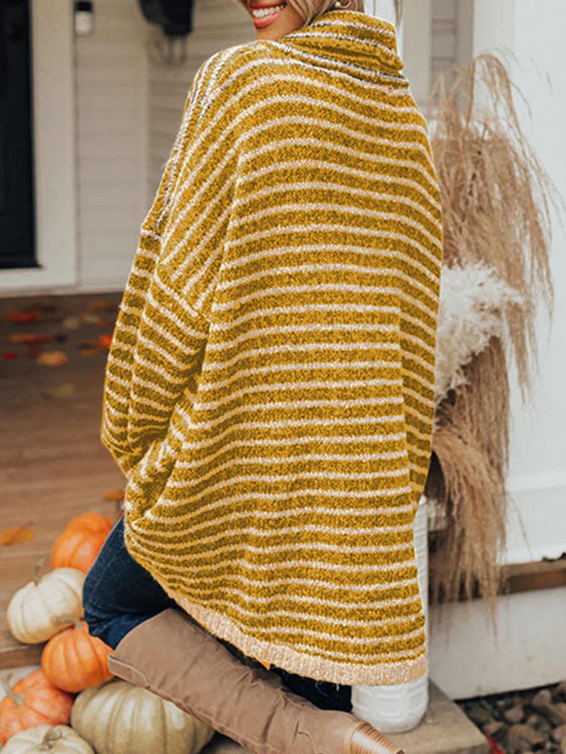 Striped Turtleneck Pullover Sweater with Pockets