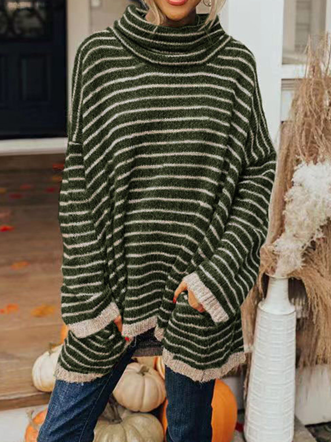 Striped Turtleneck Pullover Sweater with Pockets