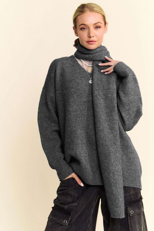 V-Neck Dropped Shoulder Sweater with Scarf Set (Dark Gray)