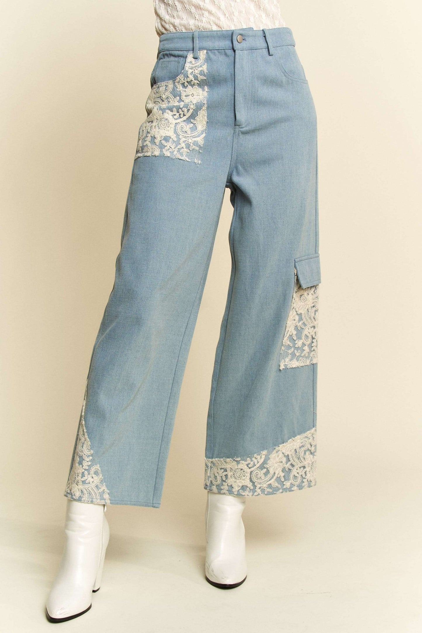 Lace Haven Wide Leg Jeans (Light Wash)