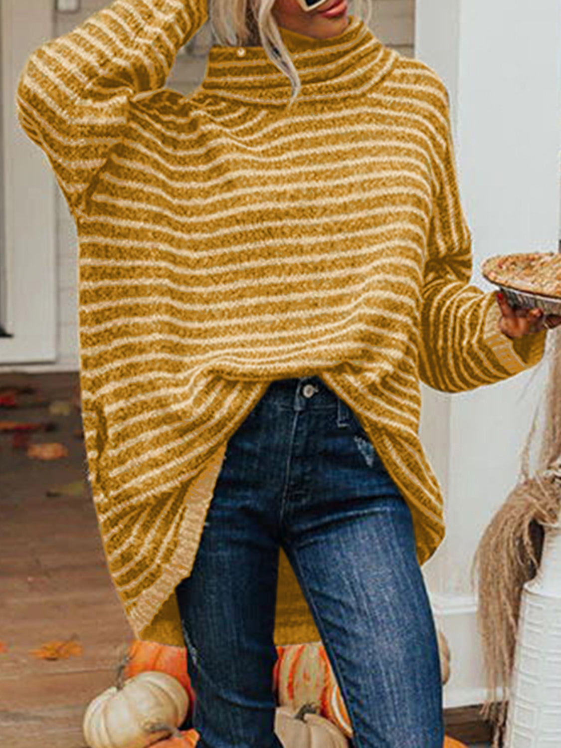 Striped Turtleneck Pullover Sweater with Pockets