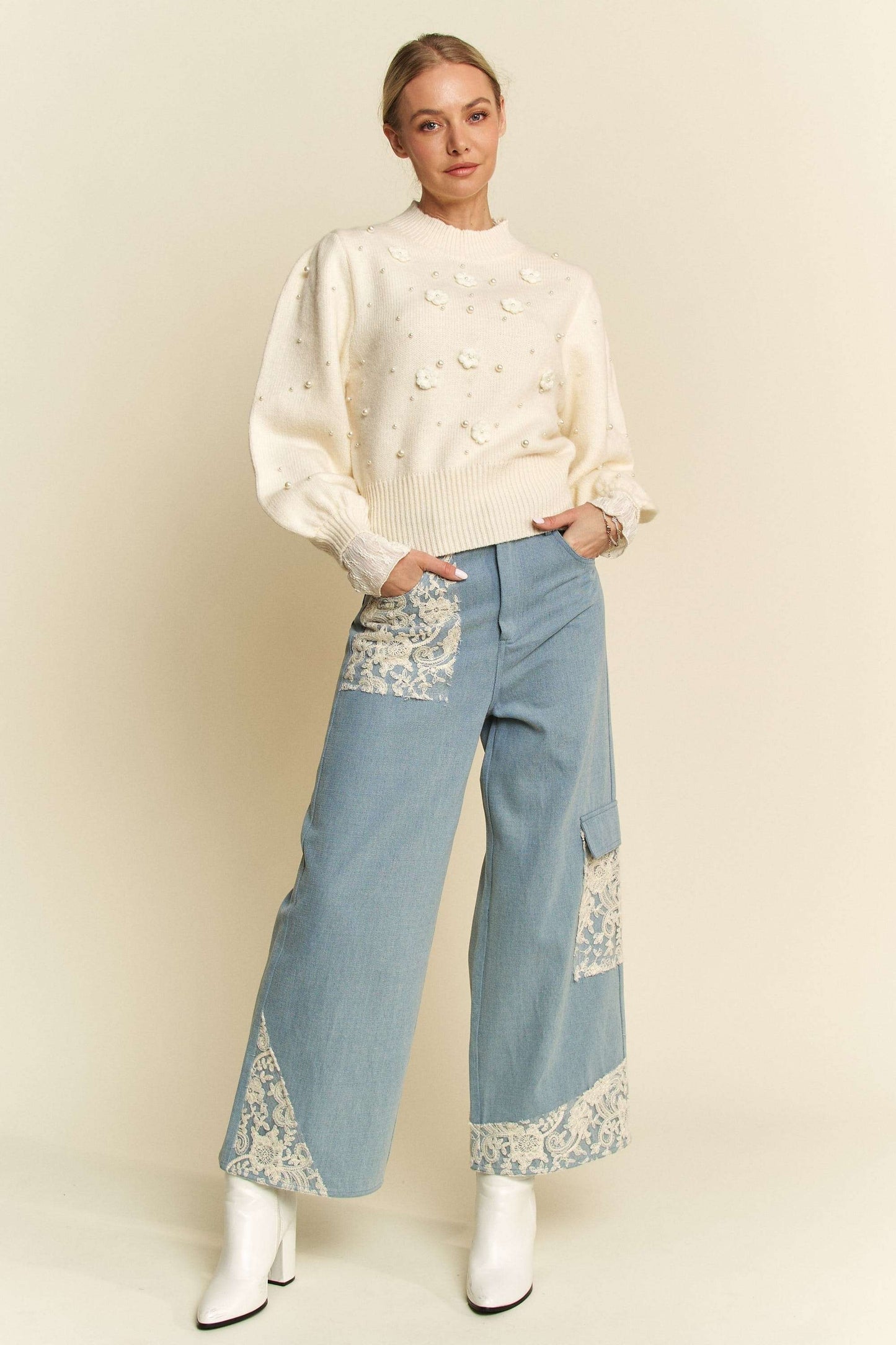 Lace Haven Wide Leg Jeans (Light Wash)