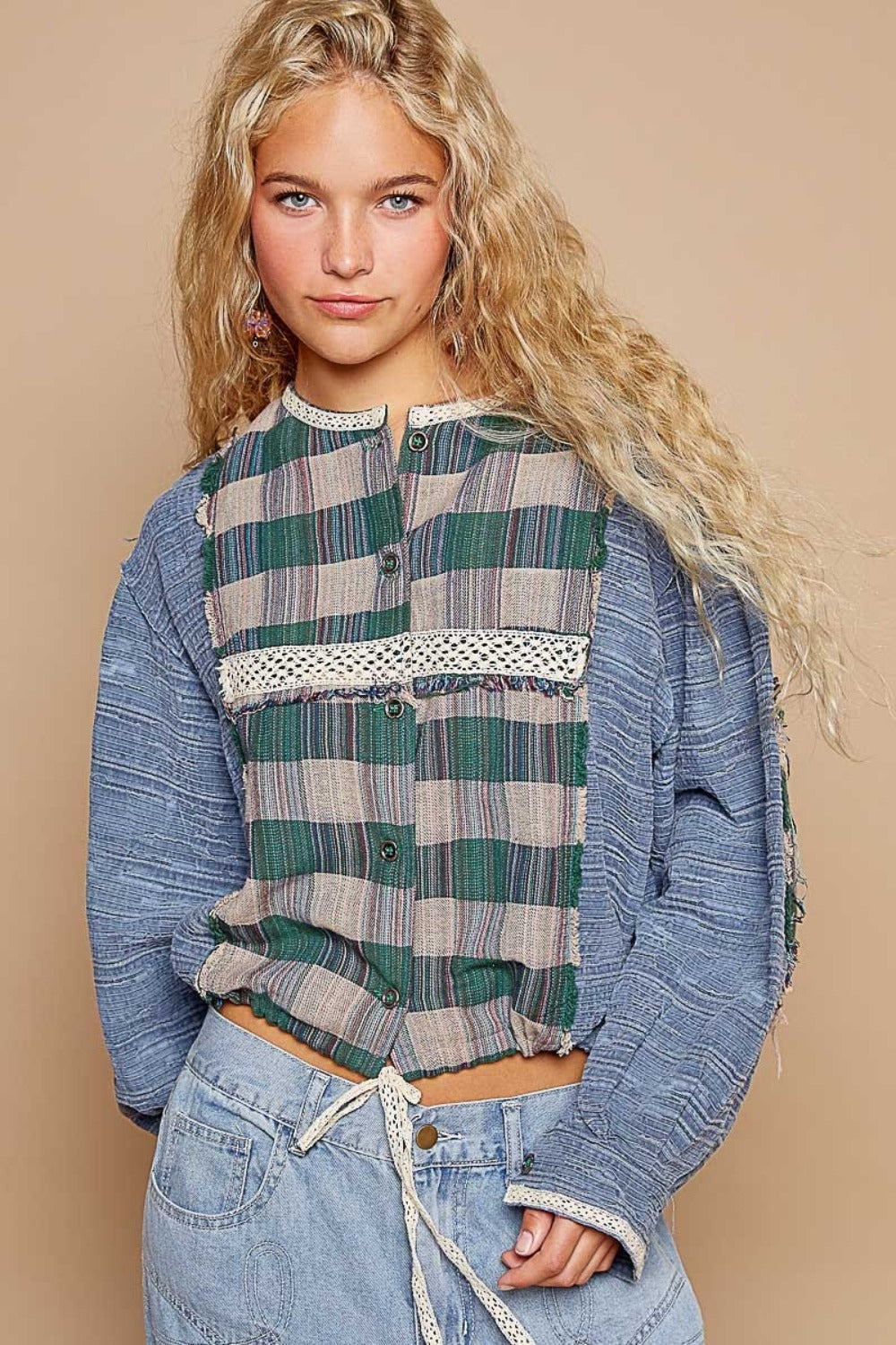 Plaid Contrast Balloon Sleeve Top