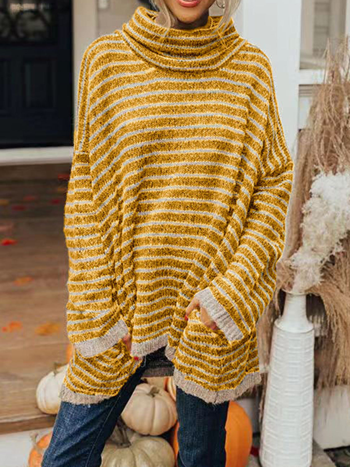 Striped Turtleneck Pullover Sweater with Pockets