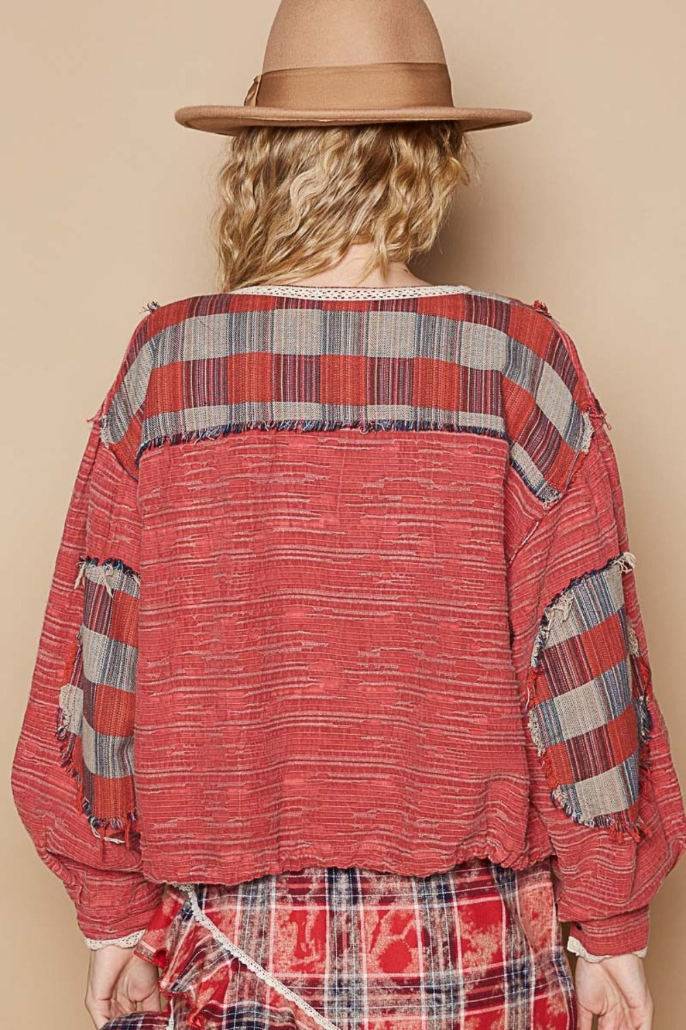 Plaid Contrast Balloon Sleeve Top