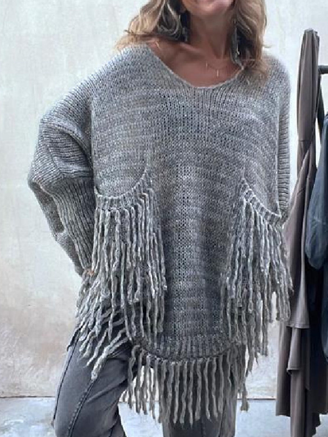 Fringe Detail Pullover Sweater with Pockets