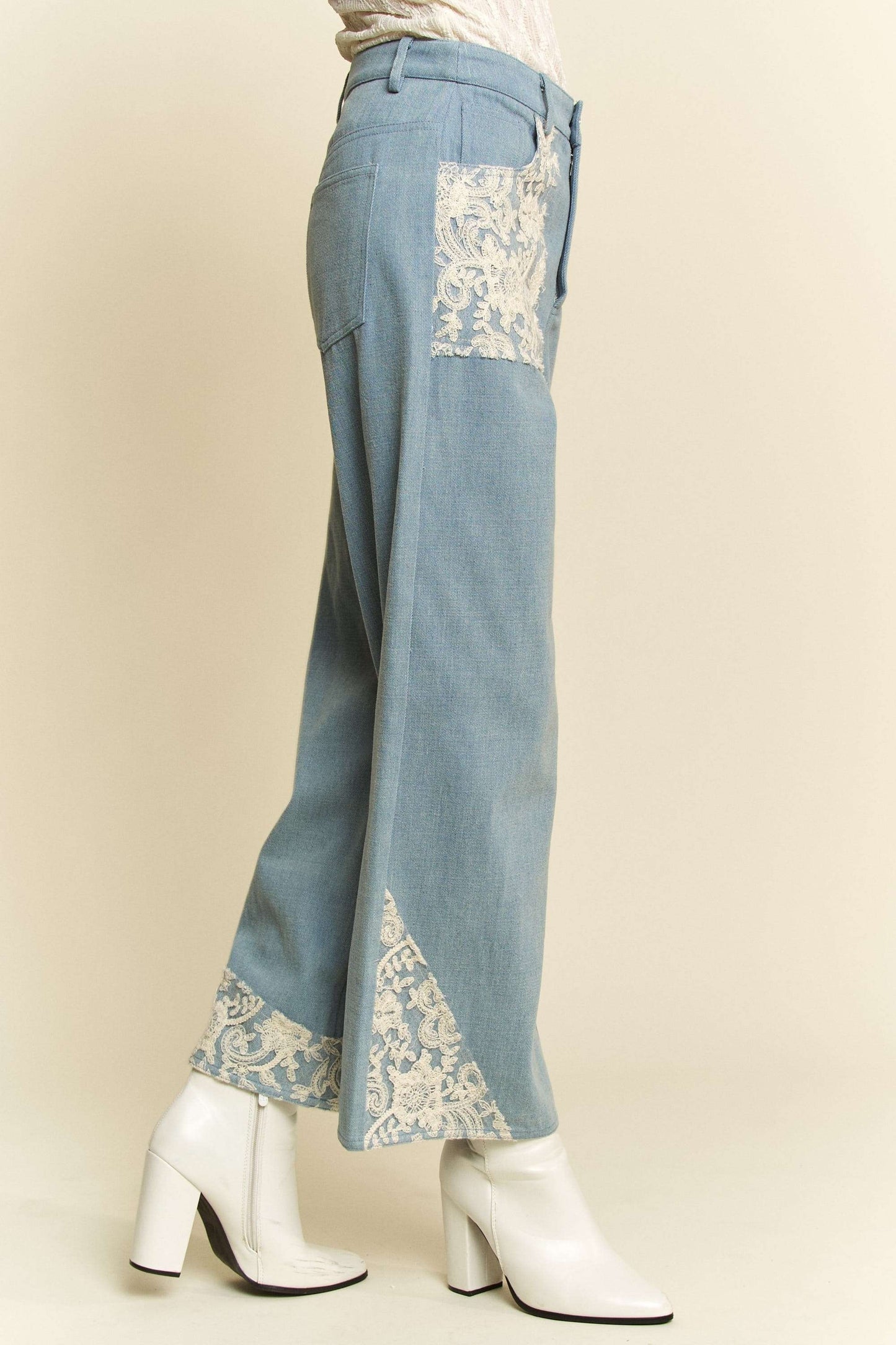 Lace Haven Wide Leg Jeans (Light Wash)