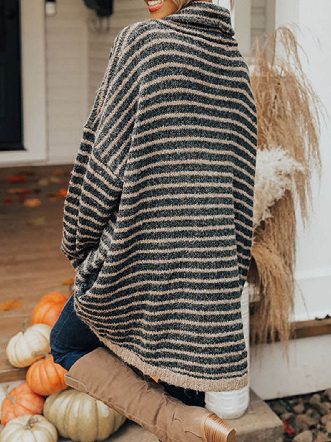 Striped Turtleneck Pullover Sweater with Pockets