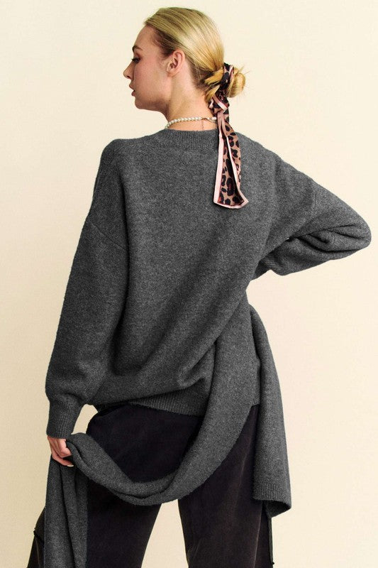 V-Neck Dropped Shoulder Sweater with Scarf Set (Dark Gray)