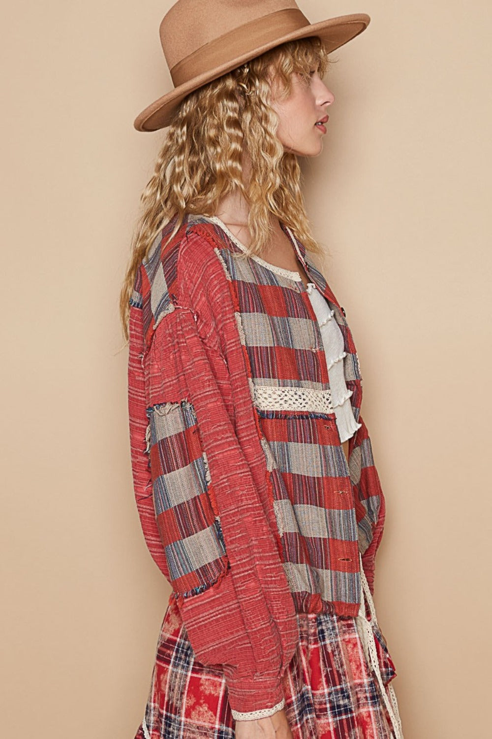 Plaid Contrast Balloon Sleeve Top