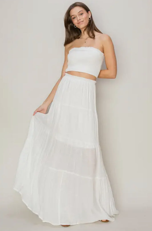 Tube Top & Tiered Maxi Skirt Set (White)