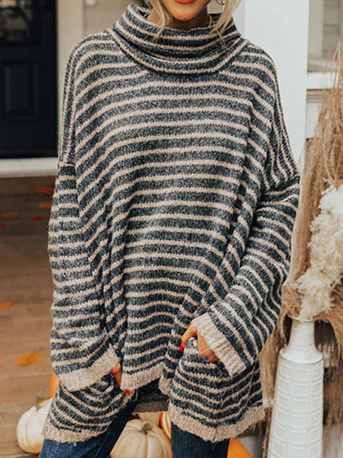 Striped Turtleneck Pullover Sweater with Pockets