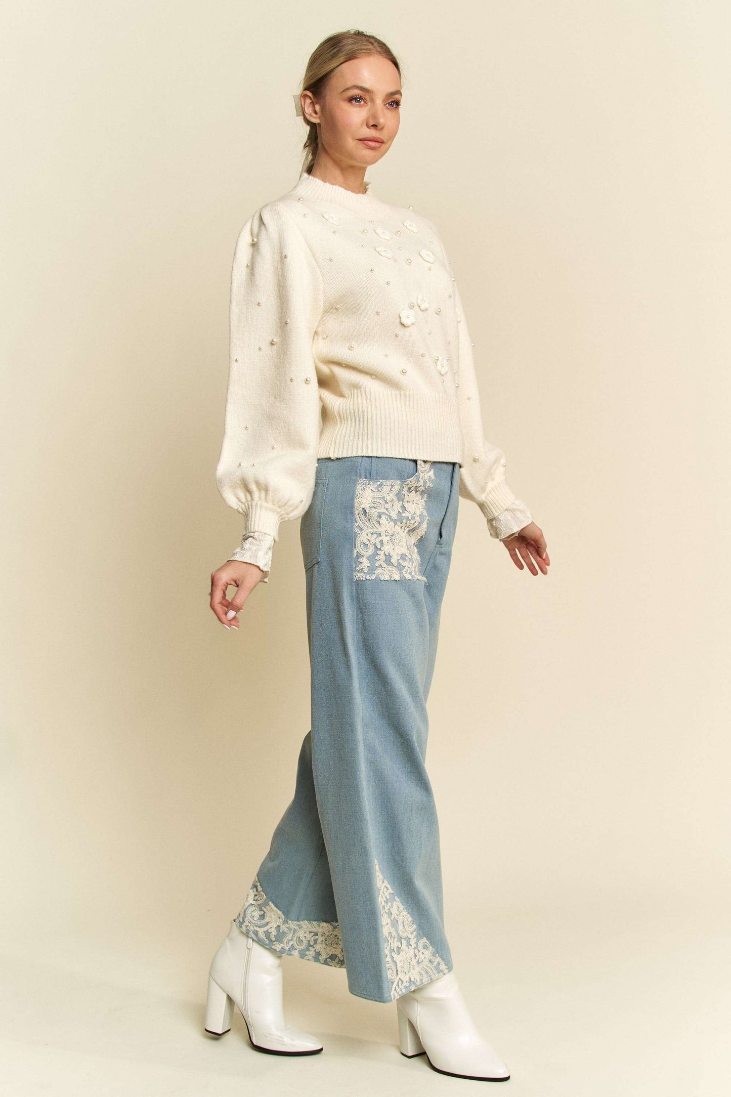 Lace Haven Wide Leg Jeans (Light Wash)