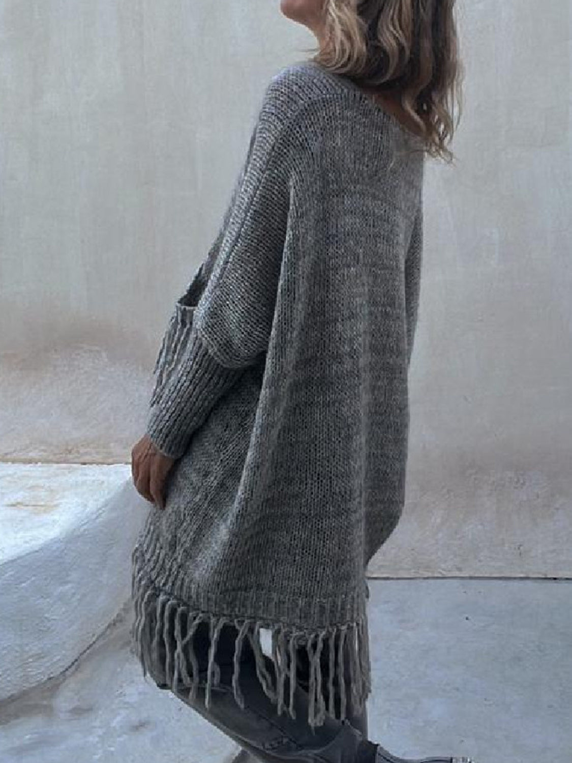 Fringe Detail Pullover Sweater with Pockets