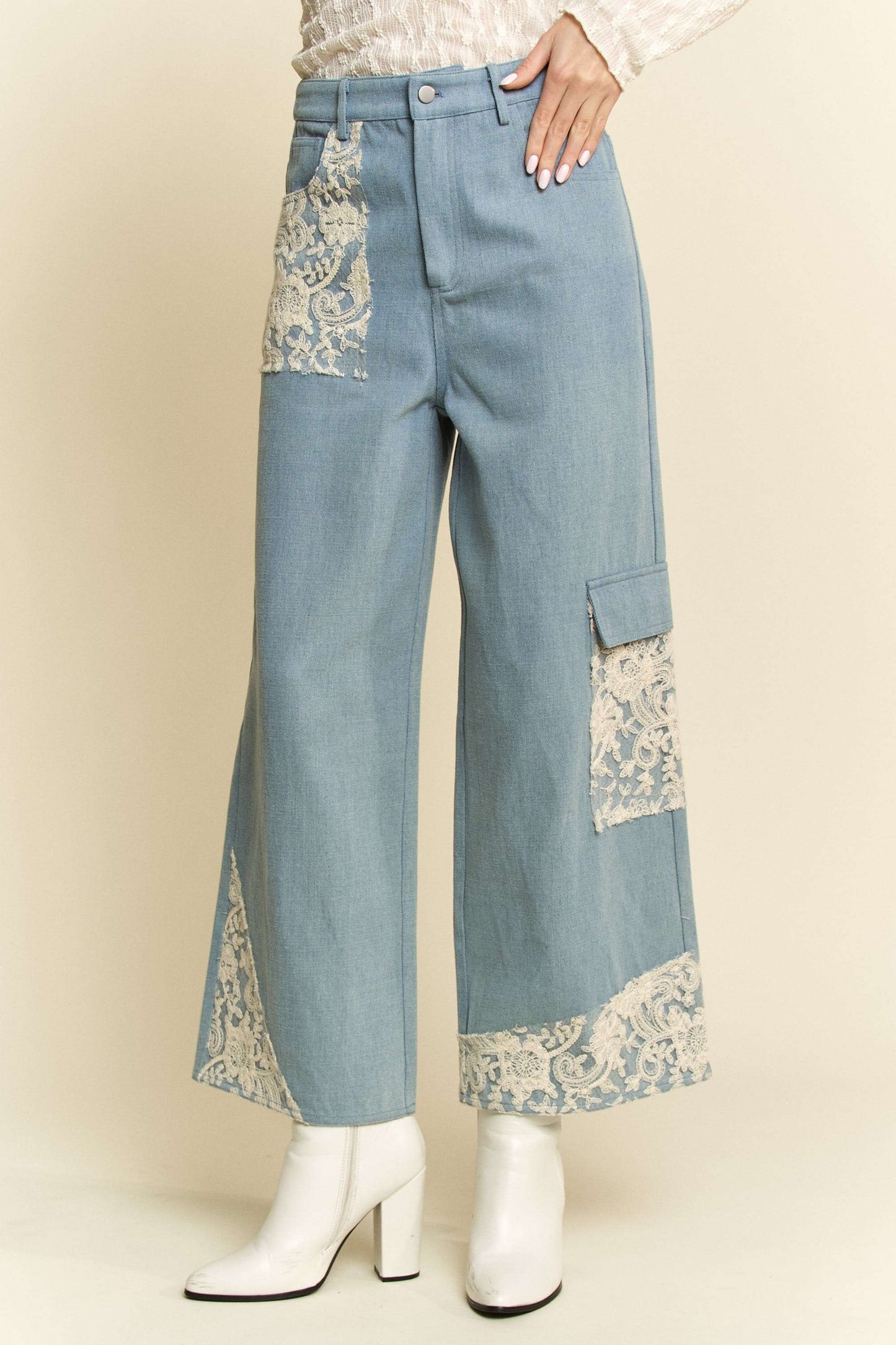 Lace Haven Wide Leg Jeans (Light Wash)