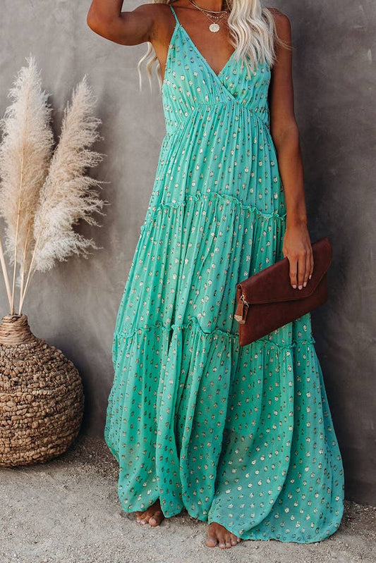 Floral Turquoise Ruffle Slip Maxi Dress