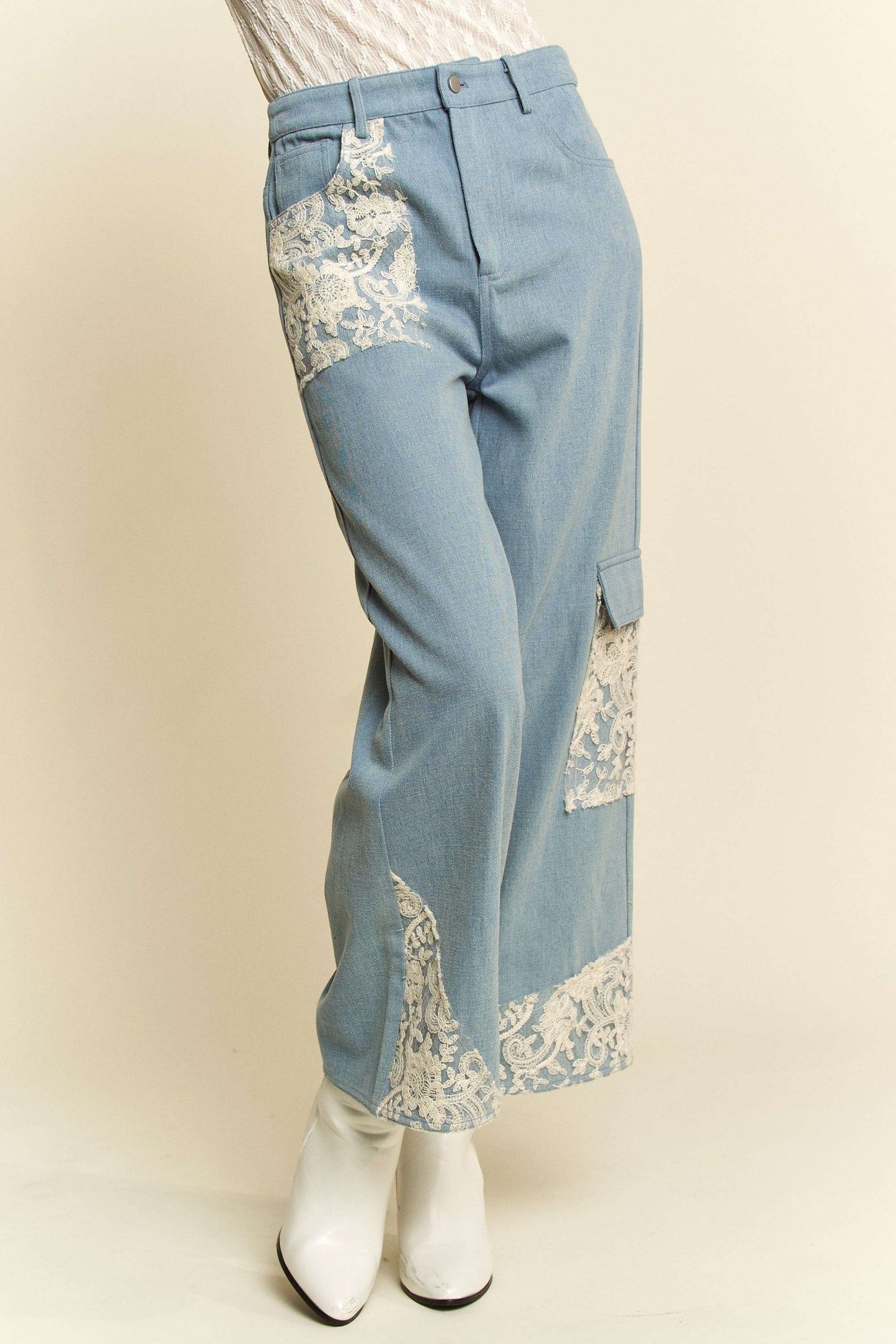 Lace Haven Wide Leg Jeans (Light Wash)