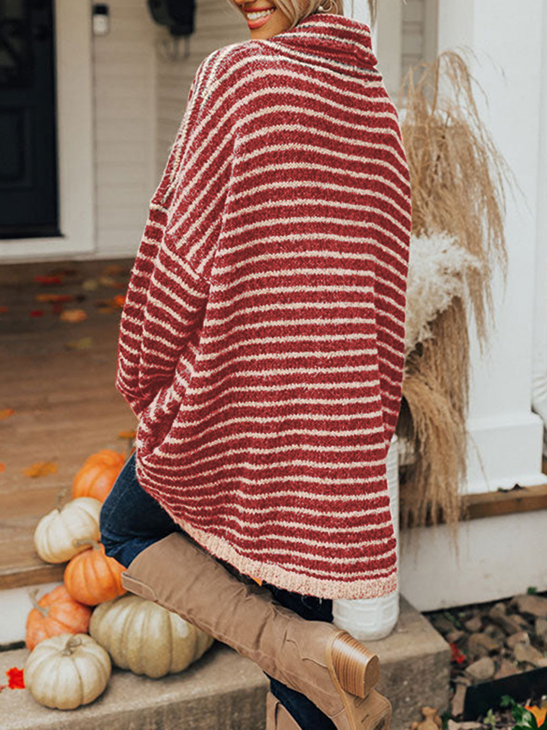 Striped Turtleneck Pullover Sweater with Pockets