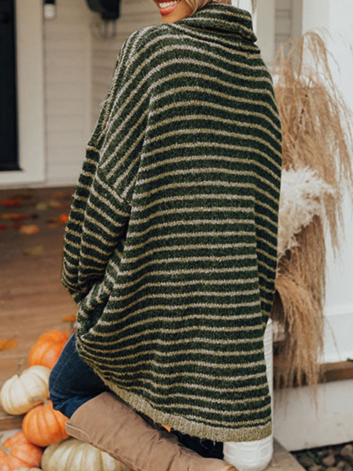 Striped Turtleneck Pullover Sweater with Pockets