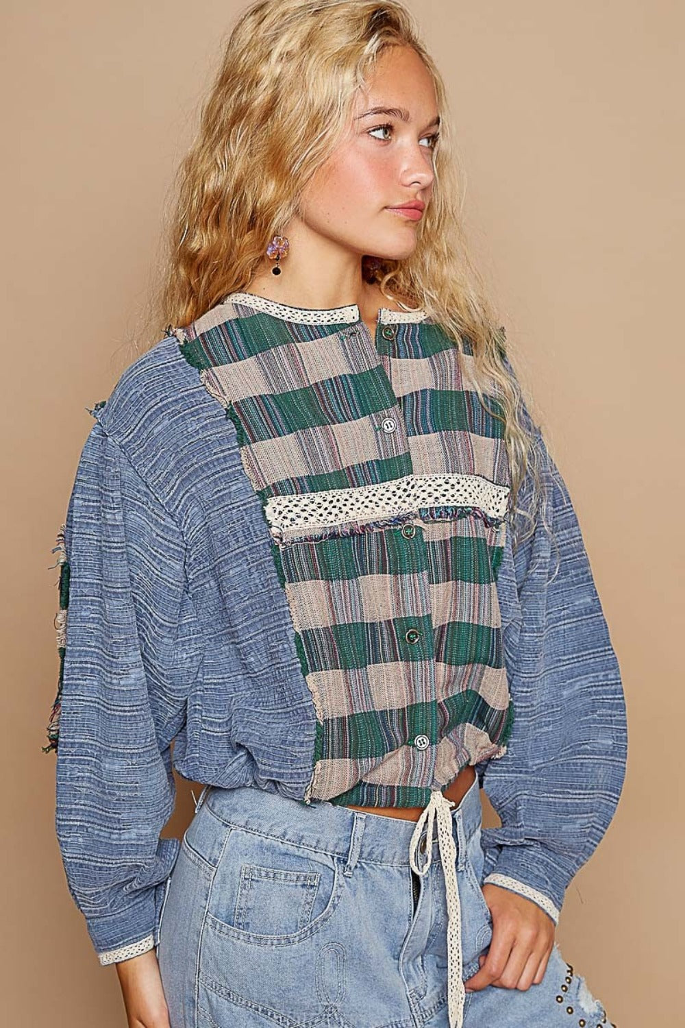 Plaid Contrast Balloon Sleeve Top