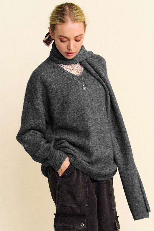 V-Neck Dropped Shoulder Sweater with Scarf Set (Dark Gray)