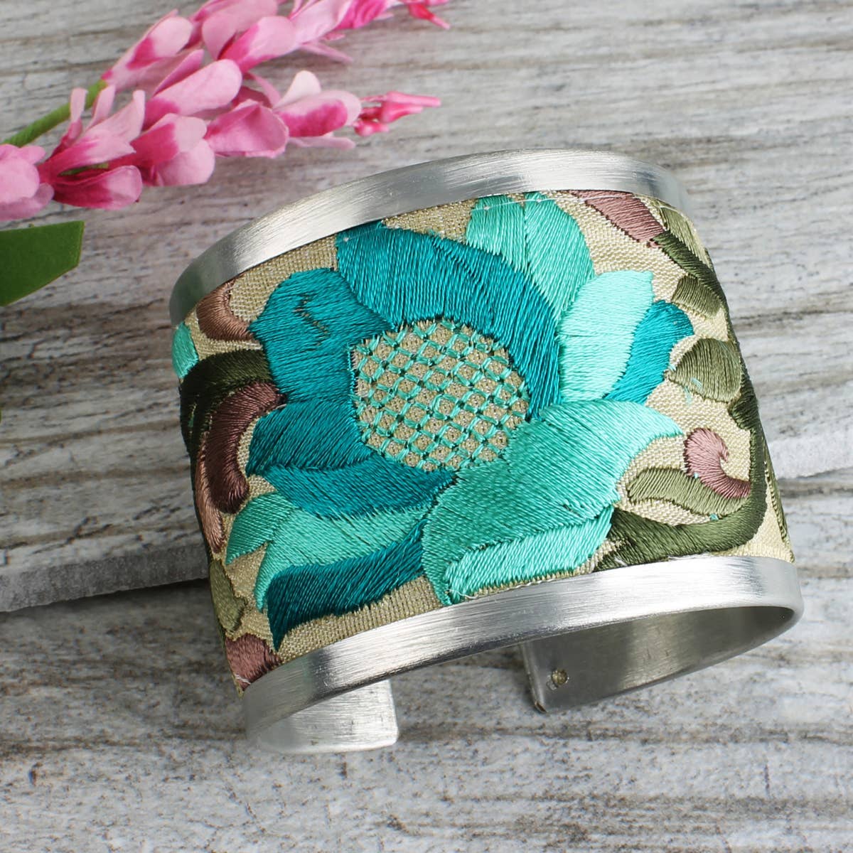 Turquoise Flower Embroidered Cuff Bracelet