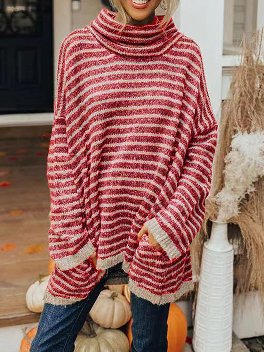 Striped Turtleneck Pullover Sweater with Pockets