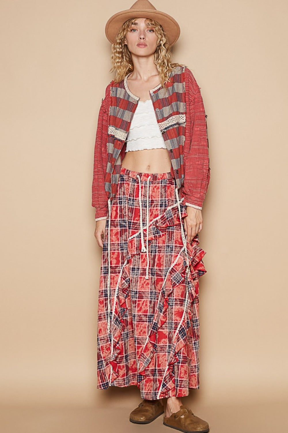 Plaid Contrast Balloon Sleeve Top