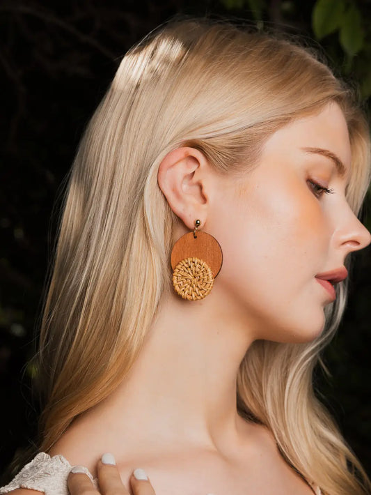 Chic Wood Accent Round Straw Earrings