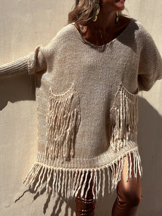 Fringe Detail Pullover Sweater with Pockets